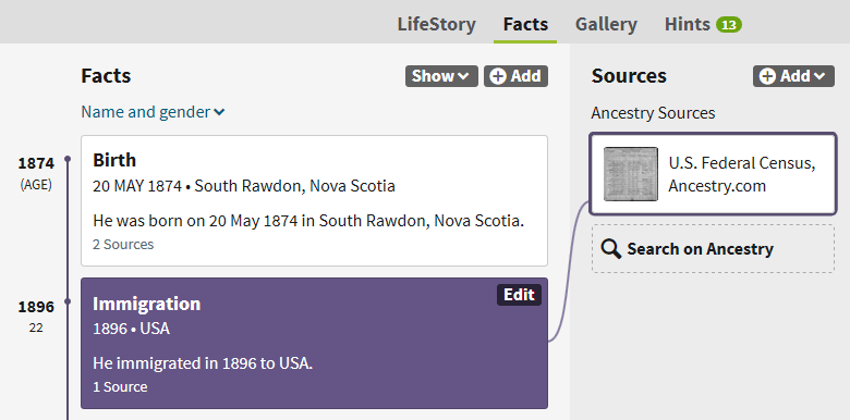 screenshot of Ancestry person profile showing Immigration event with link to Ancestry database record