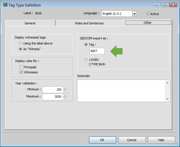 Settings for Exporting Birth Event to GEDCOM screenshot of Edit Tag Type window in TMG showing 'Other' tab for Birth event