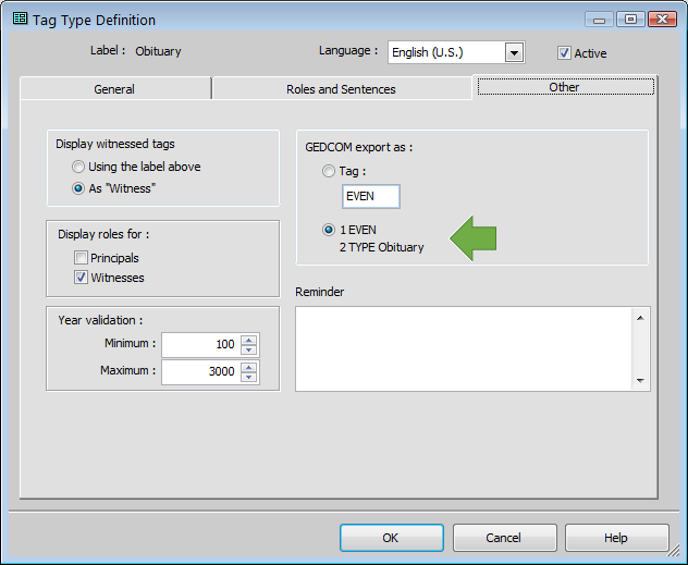 Settings for Exporting Obituary Event to GEDCOM screenshot of Edit Tag Type window in TMG showing 'Other' tab for Obituary event